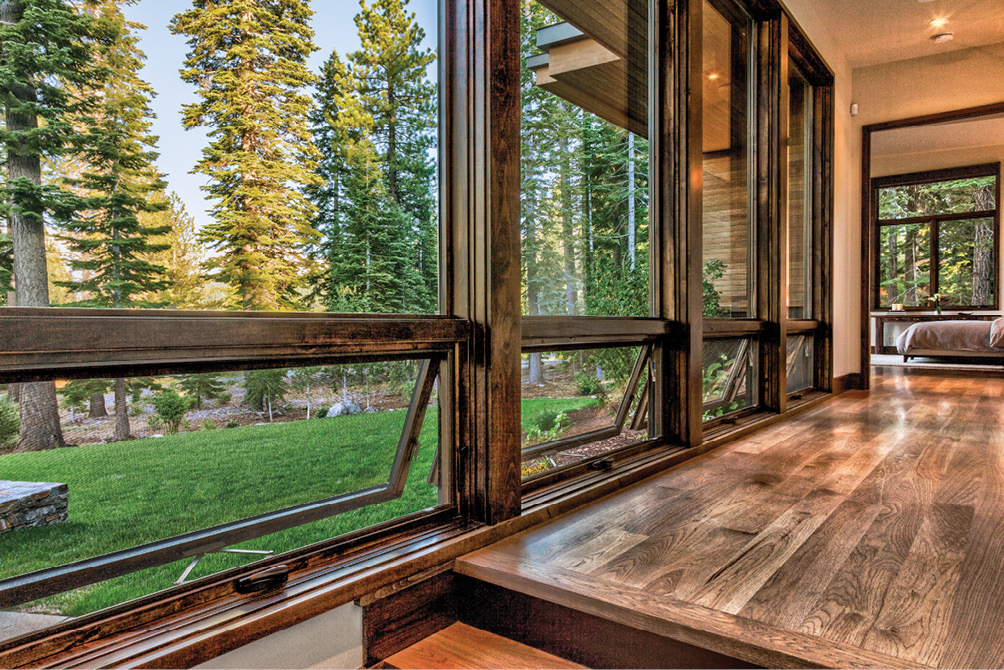 windows with wood finish