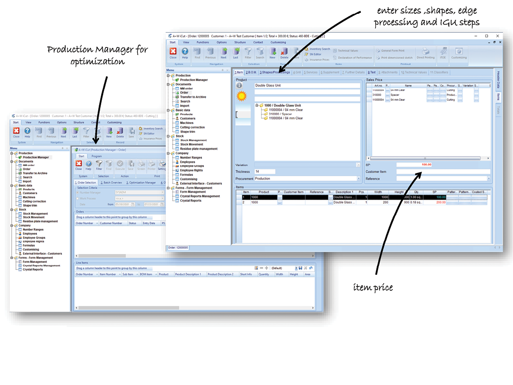 sample screens for software that manages glass fabrication