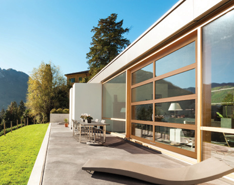 window wall with natural wood coating