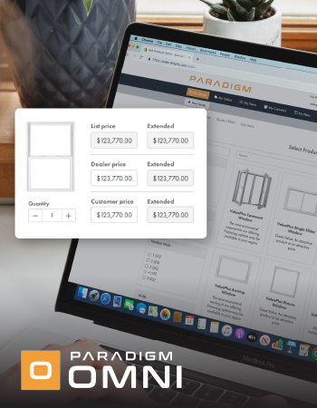 a screen capture showing Paradigm Omni cloud-based software for configuration, quoting, and selling windows and doors