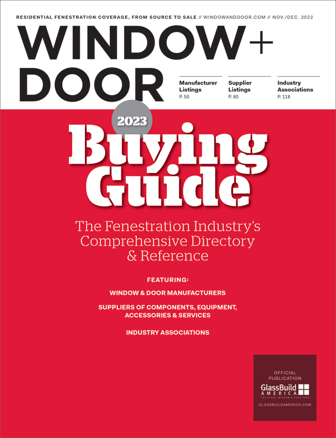 front cover of the 2023 Window + Door Buying Guide, the fenestration industry's comprehensive directory