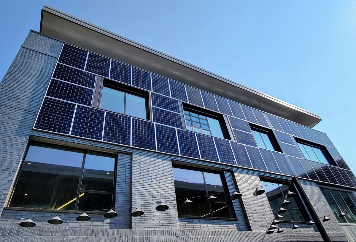 exterior two-story building with BIPV windows