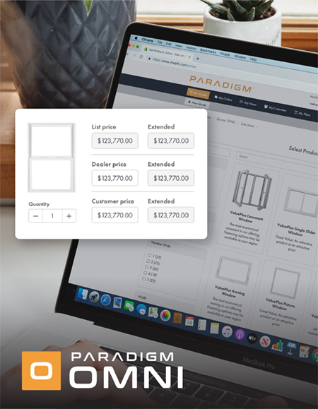 a laptop computer displays the omni configuration and quoting system from paradigm, with an inset window highlighting pricing details for a window