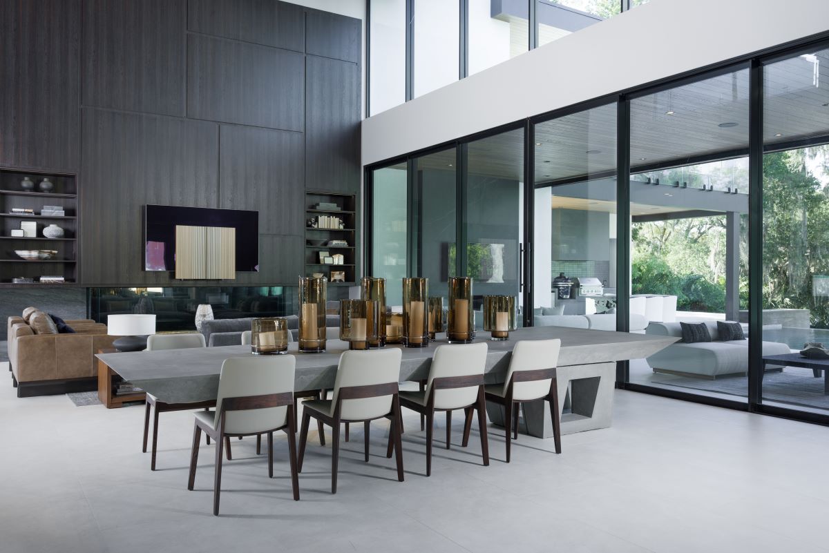 living area with glass and dark metal window wall