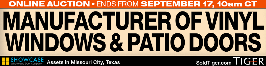 Online auction of vinyl window and patio door manufacturer opens on Sep 10 and ends on Sep 17