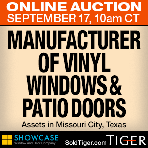 Online auction of vinyl window and patio door manufacturer opens on Sep 10 and ends on Sep 17