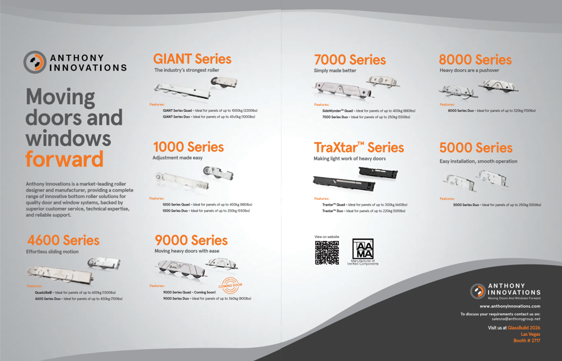 A two-page inside cover advertisement in the September/October 2026 GlassBuild America issue of Window + Door