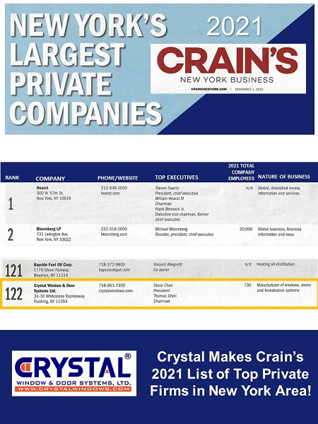 Crain’s New York Business Names Crystal Windows a Top New York Area Private Firm