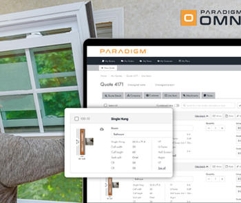 a man installs a window in the background with screenshots of the details of the single-hung window and original order using Paradigm Omni software
