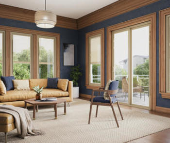 living room with between glass blinds
